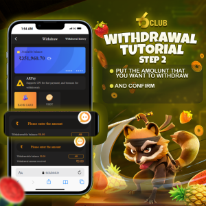 STEP 3 6 Club withdrawal tutorial, step 2, showcasing how to input the withdrawal amount on a smartphone with a playful raccoon mascot and vibrant background.